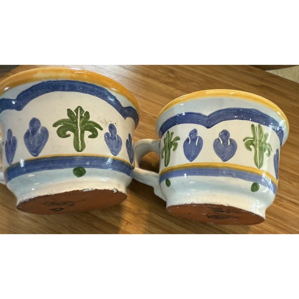 Set of 2 Talavera Pottery Small Coffee Mugs Yellow Blue Hand Painted Stamped 4"h